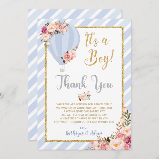 フローラ熱気球ベビーシャワーサンキューカード 招待状 (正面/裏面)