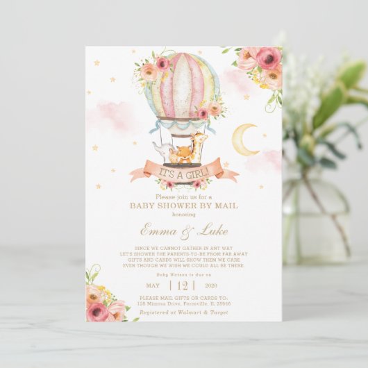フローラ熱気球ベビーシャワーbyメール動物 招待状 (スタンド正面)