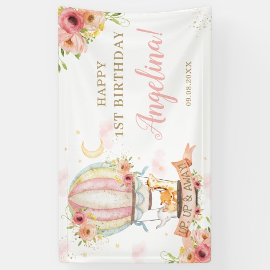 フローラ熱気球動物誕生日背景 横断幕 (縦)