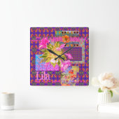 フローラ熱狂するパッチワークカラフルパープルピンクオレンジ スクエア壁時計 (ホーム)