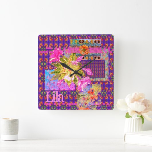 フローラ熱狂するパッチワークカラフルパープルピンクオレンジ スクエア壁時計 (ホーム)
