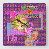 フローラ熱狂するパッチワークカラフルパープルピンクオレンジ スクエア壁時計 (正面)