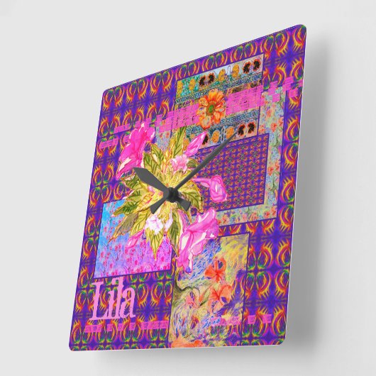 フローラ熱狂するパッチワークカラフルパープルピンクオレンジ スクエア壁時計 (傾斜)