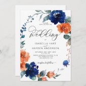 フローラ燃えたオレンジ色のネイビーラストウォーター結婚カラー 招待状 (正面/裏面)