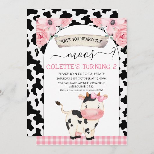 フローラ牛のプリントあなたがMoosの誕生日を聞いた 招待状 (正面/裏面)