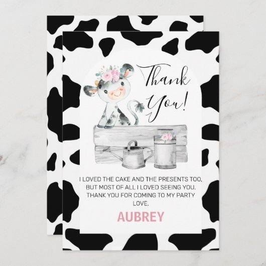 フローラ牛プリント誕生日サンキューカード 招待状 (正面/裏面)