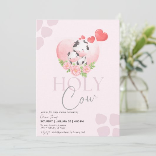 フローラ牛赤面ピンクのベビーガールシャワー 招待状 (スタンド正面)