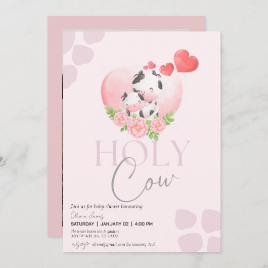 フローラ牛赤面ピンクのベビーガールシャワー 招待状 (正面/裏面)