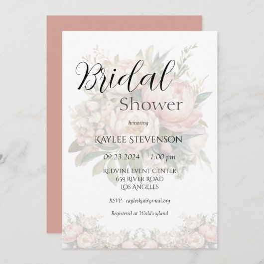 フローラ牡丹ピンクブライダルシャワー招待 招待状 (正面/裏面)