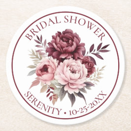 フローラ牡丹ブルガンディピンク牡丹ブライダルシャワー ラウンドペーパーコースター
