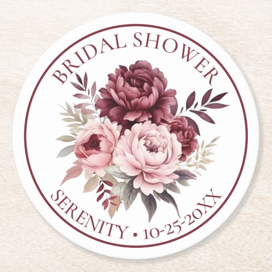 フローラ牡丹ブルガンディピンク牡丹ブライダルシャワー ラウンドペーパーコースター (正面)