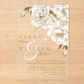 フローラ牡丹ホワイトゴールデンエレガントな結婚式 アクリル招待状 (正面)