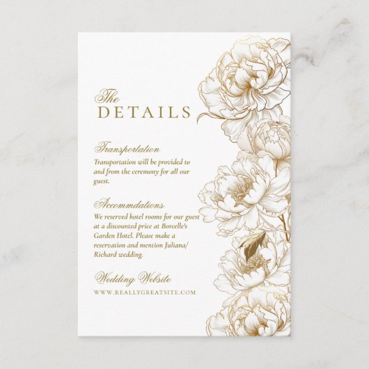 フローラ牡丹ホワイトゴールデンエレガントな結婚式 エンクロージャーカード (正面)