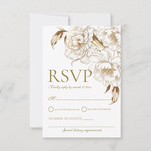 フローラ牡丹ホワイトゴールデンエレガントな結婚式 出欠カード (正面)