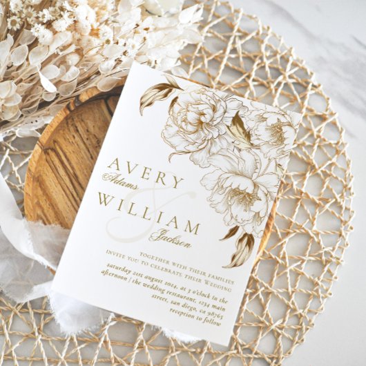 フローラ牡丹ホワイトゴールデンエレガントな結婚式 招待状