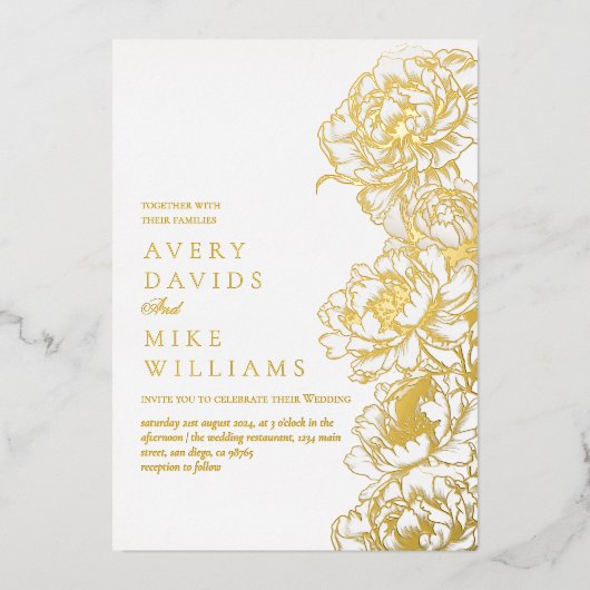 フローラ牡丹ホワイトゴールデンエレガントな結婚式 箔招待状 (正面)
