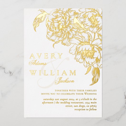 フローラ牡丹ホワイトゴールデンエレガントフォト結婚ズ 箔招待状 (正面)