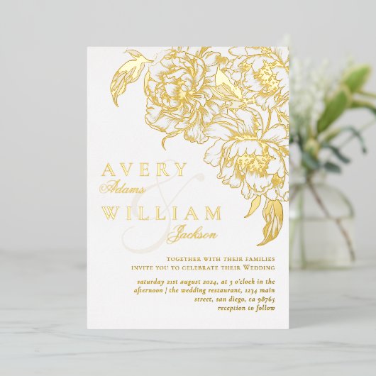 フローラ牡丹ホワイトゴールデンエレガントフォト結婚ズ 箔招待状 (立ち正面)