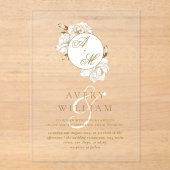 フローラ牡丹ホワイトゴールデンモノグラム結婚ズ アクリル招待状 (正面)