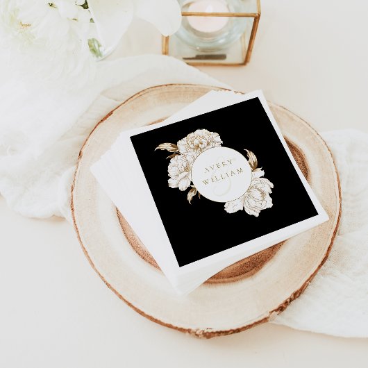 フローラ牡丹ホワイトゴールデンモノグラム結婚ズ スタンダードカクテルナプキン