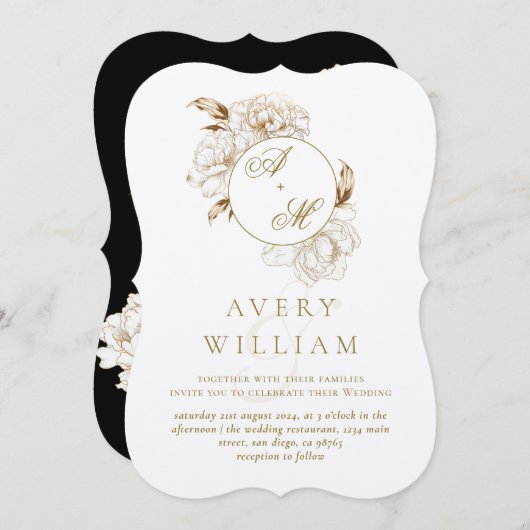 フローラ牡丹ホワイトゴールデンモノグラム結婚ズ 招待状 (正面/裏面)
