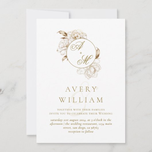 フローラ牡丹ホワイトゴールデンモノグラム結婚ズ 招待状 (正面)