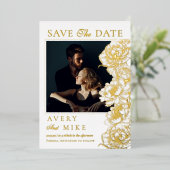 フローラ牡丹ホワイトゴールデン写真日付を保存 箔招待状 (立ち正面)