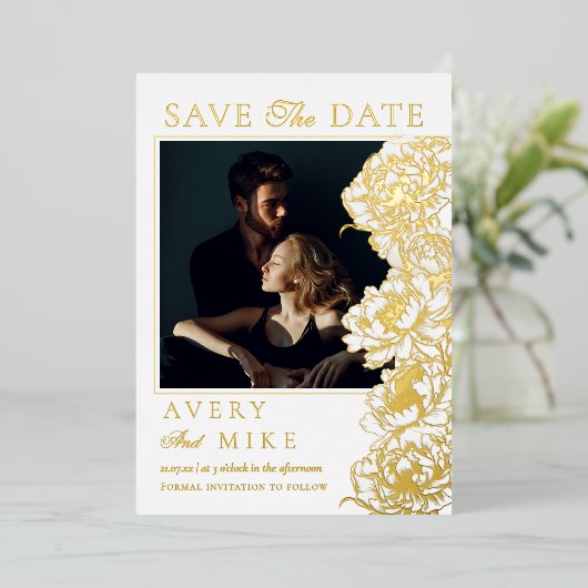 フローラ牡丹ホワイトゴールデン写真日付を保存 箔招待状 (立ち正面)