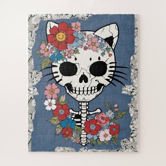 フローラ猫のレースとデニムのスケルトン ジグソーパズル (縦)