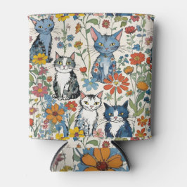 フローラ猫イラストレーションと野草と猫 缶クーラー