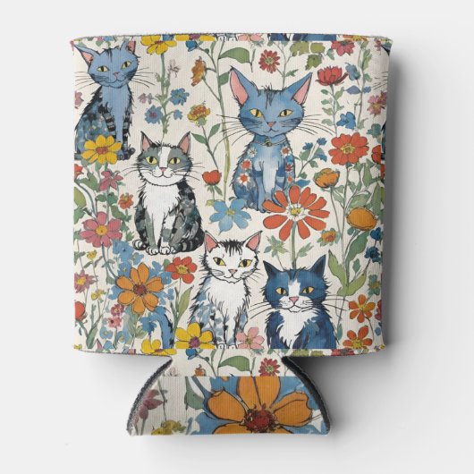 フローラ猫イラストレーションと野草と猫 缶クーラー (正面)