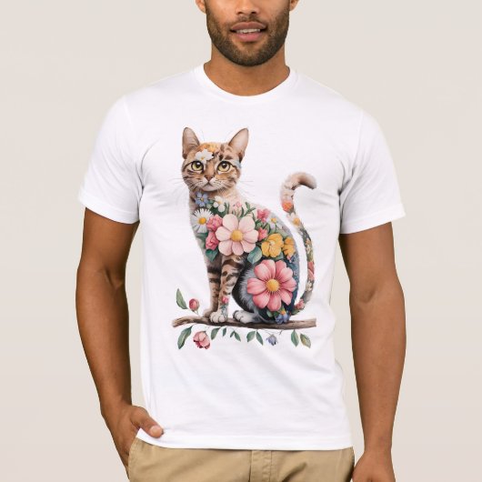 フローラ猫シルエット自然花猫好き Tシャツ (正面)