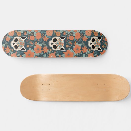 フローラ猫スカルとオレンジ色の花を濃い緑に スケートボード (横)
