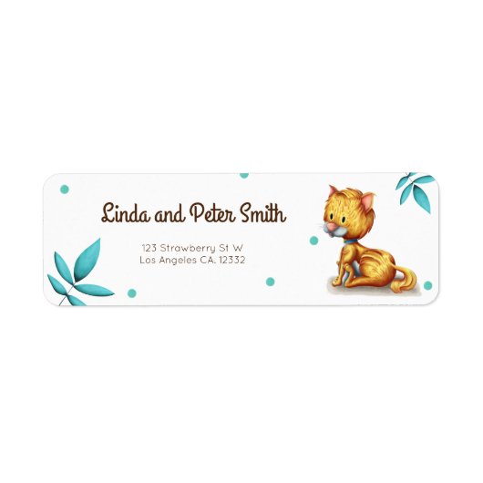 フローラ猫好き図解入りの、写真付きの差出人住所 ラベル (正面)