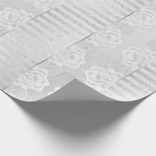 フローラ王室のバラシルバーホワイトレースストライプズ ラッピングペーパー (角)