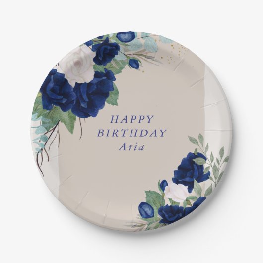 フローラ王室のブルーとアイボリーバラパーソナライズされた ペーパープレート (正面)