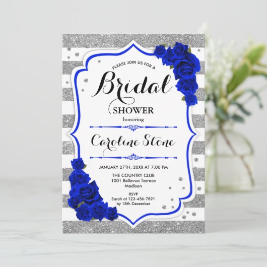 フローラ王室のブルーシルバーストライプブライダルシャワー 招待状 (スタンド正面)