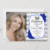 フローラ王室のブルーシルバーホワイト写真50誕生日 招待状 (正面)