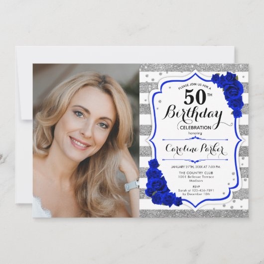 フローラ王室のブルーシルバーホワイト写真50誕生日 招待状 (正面)