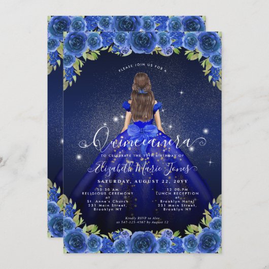 フローラ王室のブルー金ゴールドグラムプリンセスキンセアニェラ 招待状 (正面/裏面)