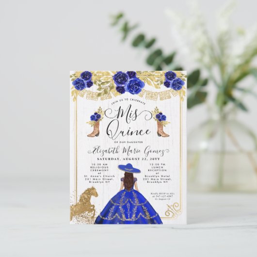 フローラ王室のブルー金ゴールドチャラプリンセスキンセアニェラ インビテーションポストカード (スタンド正面)