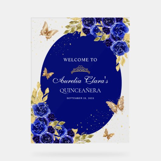 フローラ王室のブルー金ゴールドティアラバタフライキンセアニラ アクリルサイン (正面)