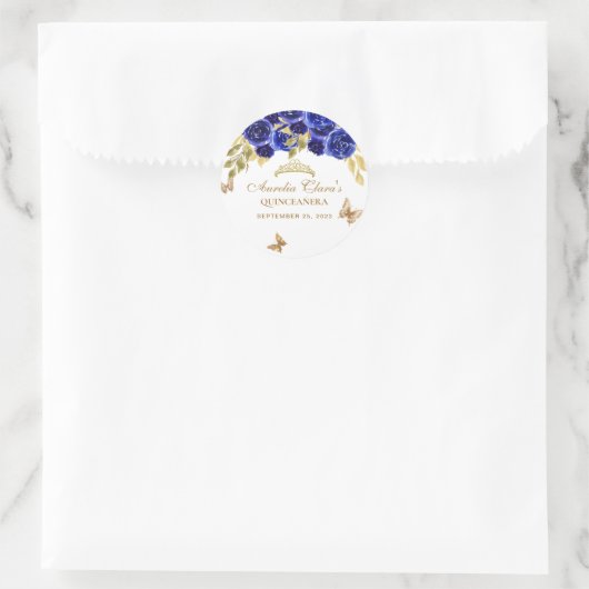 フローラ王室のブルー金ゴールドティアラバタフライキンセアニラ ラウンドシール (バッグ)