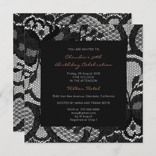 フローラ王室の白黒レースブライダルシャワーパーティー 招待状 (正面/裏面)