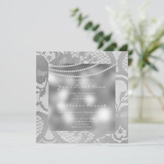 フローラ王室の銀ガラスグレーレースブライダルシャワー 招待状 (スタンド正面)