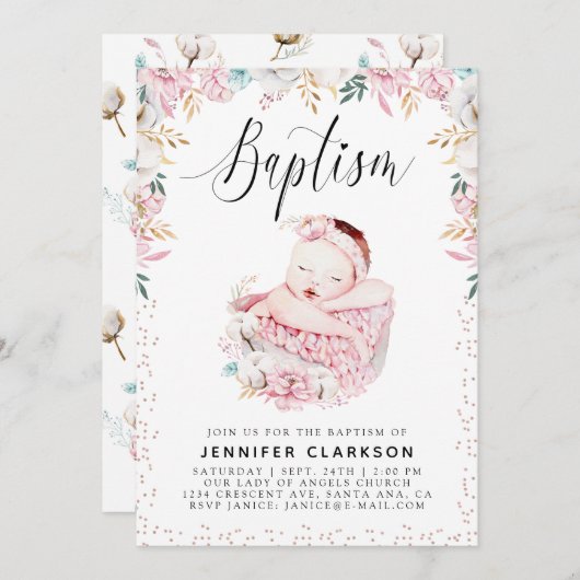 フローラ生まれたばかりの洗礼 招待状 (正面/裏面)