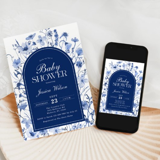 フローラ男の赤ちゃんシャワーチノイスリーネイビーネイビーブルー 招待状