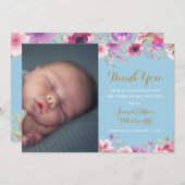 フローラ男の赤ちゃんフォトスクリプトサンキューピンク誕生 案内状 (正面/裏面)