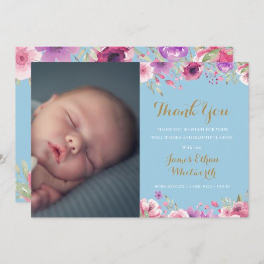フローラ男の赤ちゃんフォトスクリプトサンキューピンク誕生 案内状 (正面/裏面)