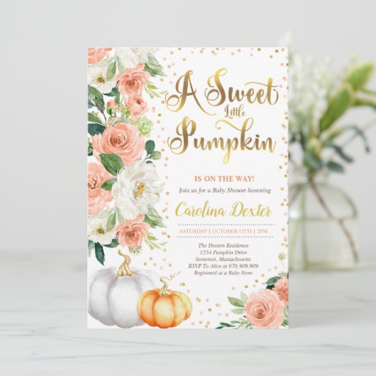 フローラ男女兼用カボチャ秋ベビーシャワー 招待状 (スタンド正面)
